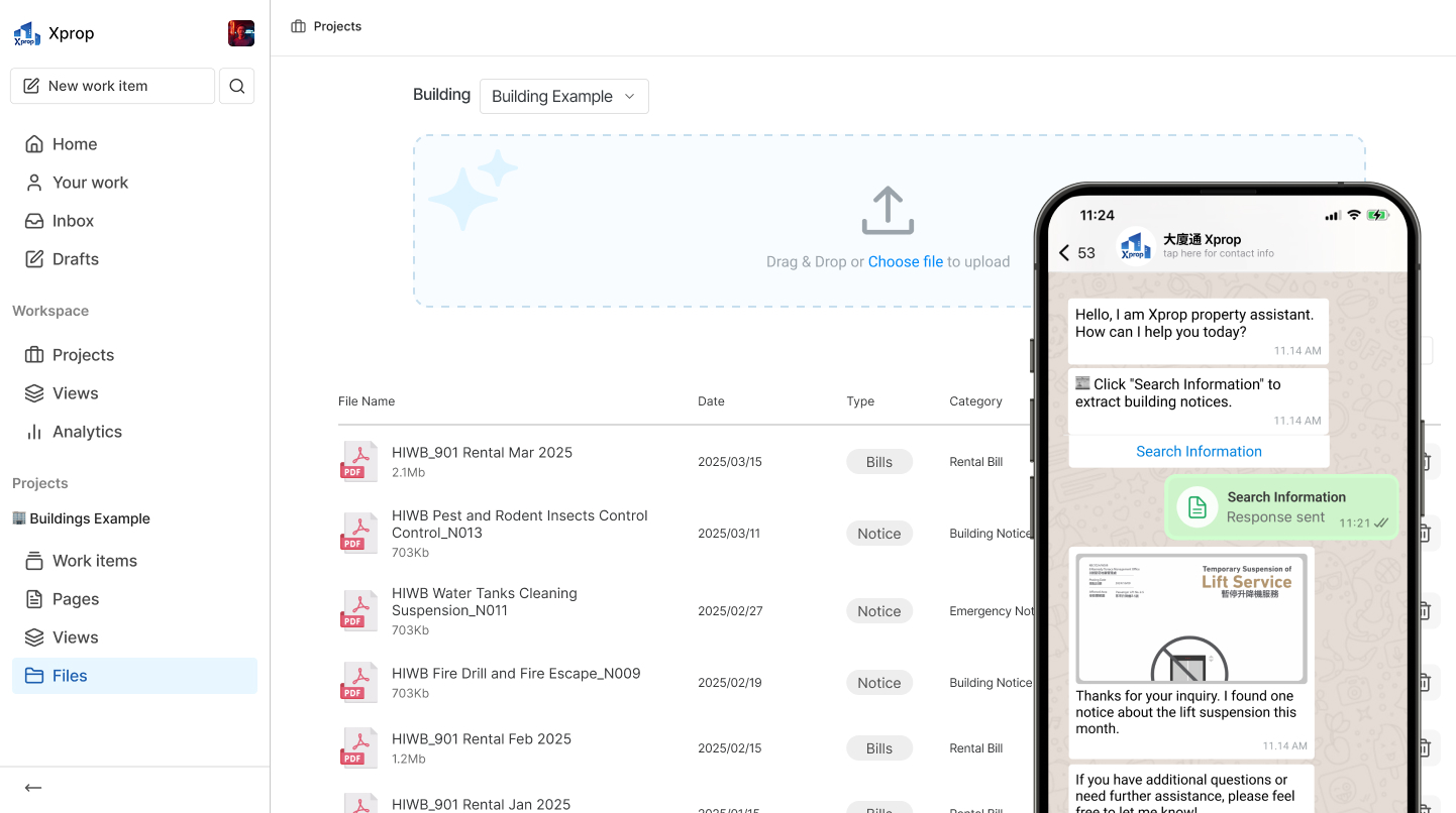 Xprop 大廈通, our AI PropTech tool using AI vision and OCR to extract document data into a handy WhatsApp chatbot for tenant info.
